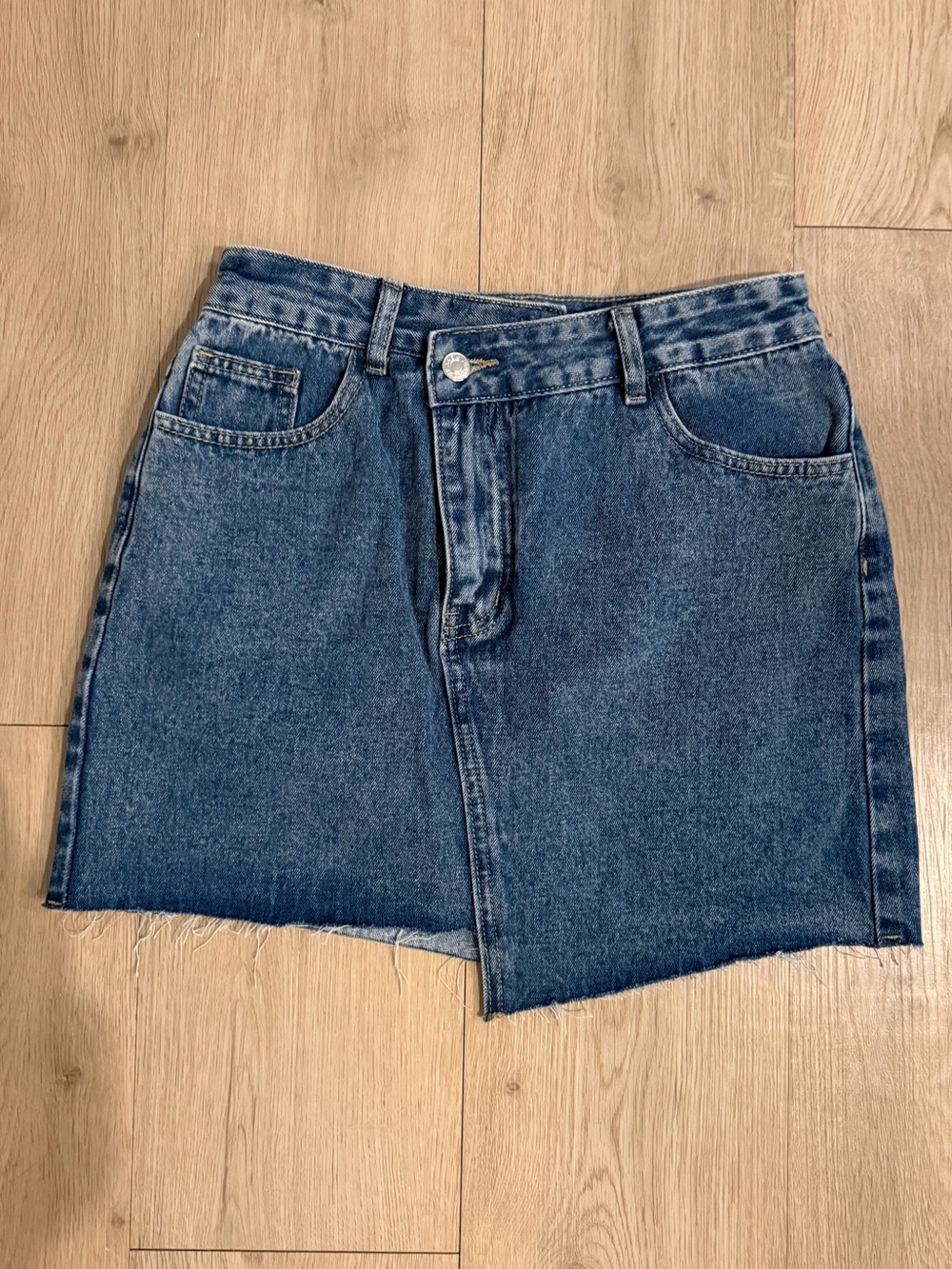 Asymmetrical Waist Jeans Blue Mini Skirt Raw Trim